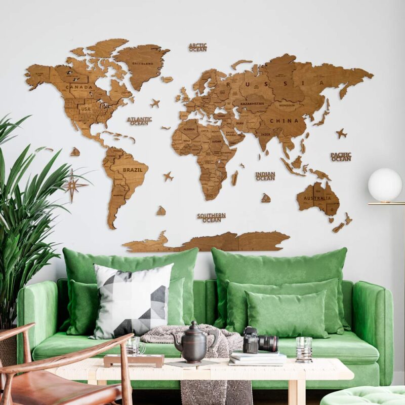 3D Wooden World Map 3D Wooden World Map Wall Decoration- Oak - Image 1