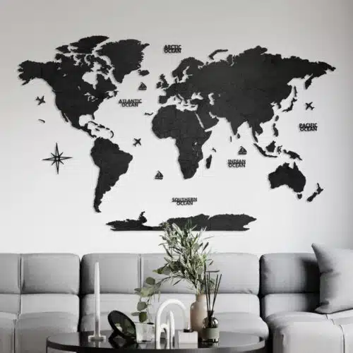 Wooden World Map – “Blank Black” without country names