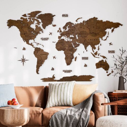 3D Wooden World Map Wall Decoration - Walnut