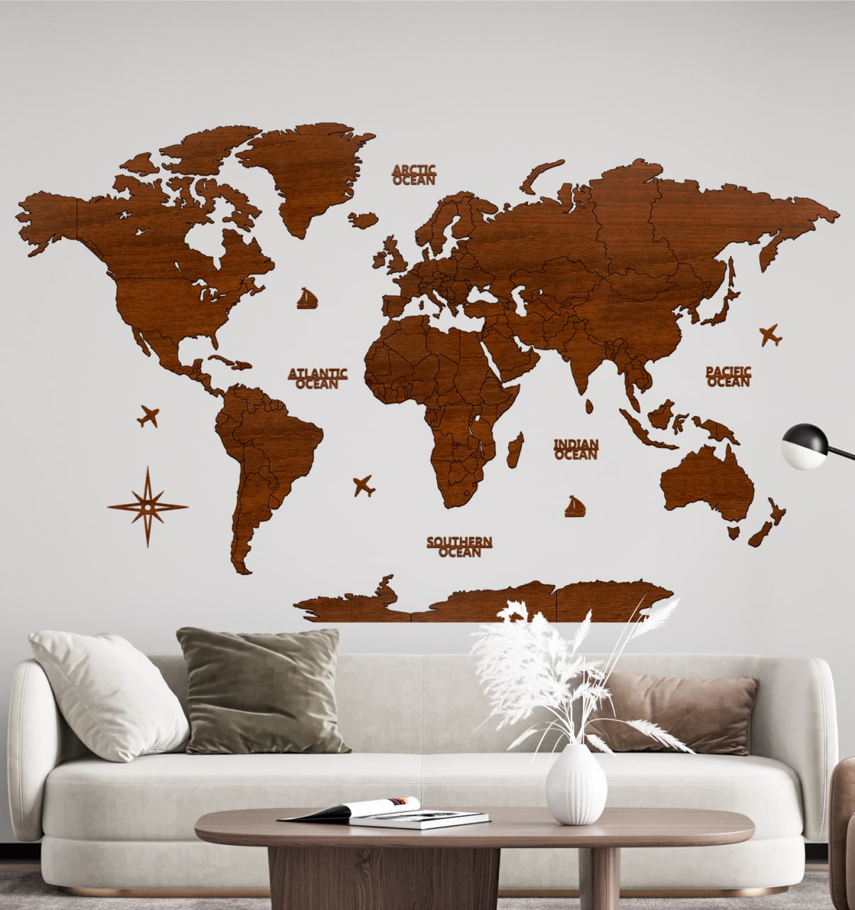 Weltkarte Holz Wanddekoration — “Blank Dunkle Walnuss” Ohne Ländernamen