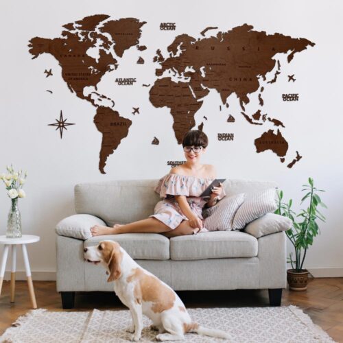 Wooden World Map Wall Decoration – Walnut
