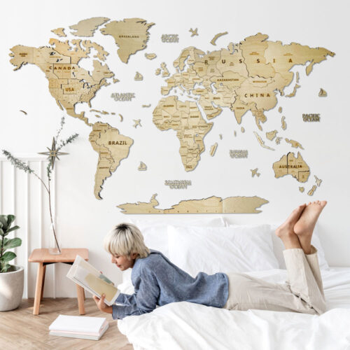 3D Wooden World Map Wall Decoration - Natural Wood