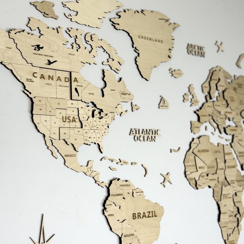 3D Wooden World Map Wall Decoration - Natural Wood - Image 3
