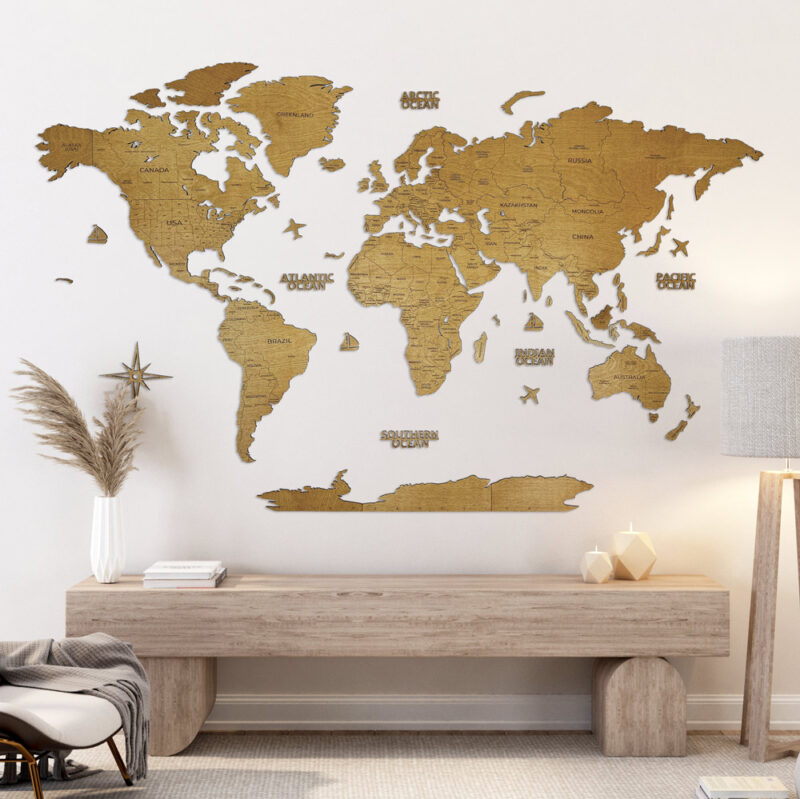 Wooden World Map Oak Wooden World Map with Capitals - Oak - Image 1