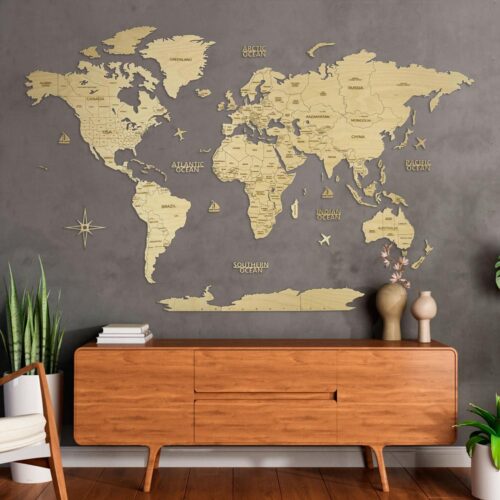 Wooden World Map with Capitals - Natural Wood