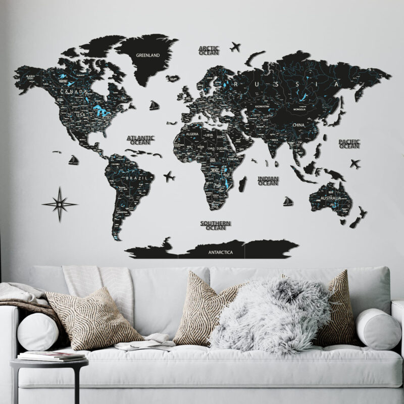 Wooden World Map UV-printed “Black” Wooden World Map UV-printed “Black” - Image 1